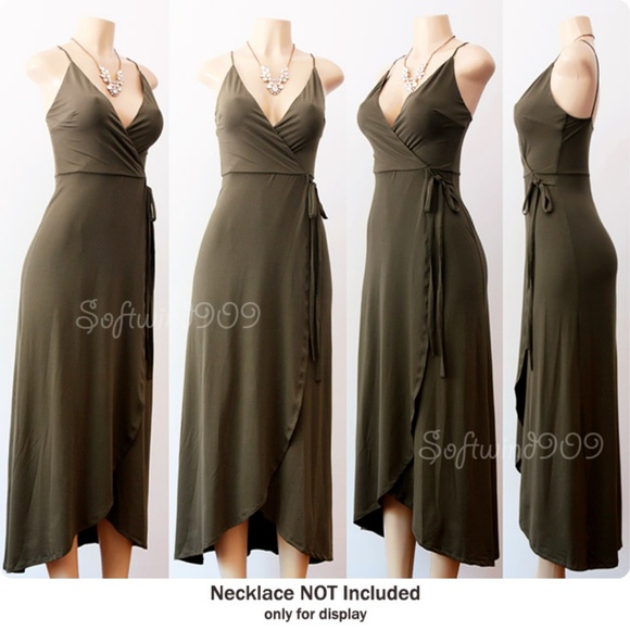 Last☝️ Olive Green Plunge Surplice Maxi Wrap Dress - Picture 6 of 8